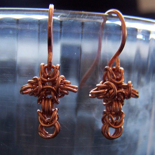 Copper chainmaille cross earrings
