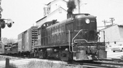 Pennsylvania Railroad ALCO RS 3 locomotive on a freight train. Indiana USA 1950's.