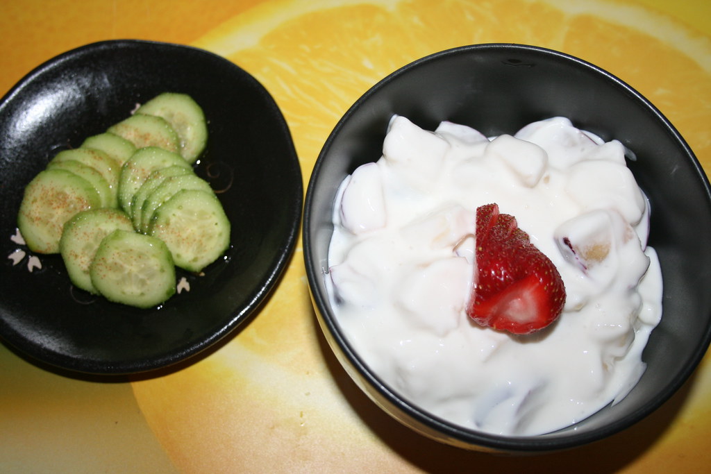Persian cuke salad and Salad of Pear, Plum and Geek Yogurt
