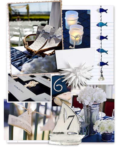 Wedding programs tied up with blue and white striped ribbon are a smart 