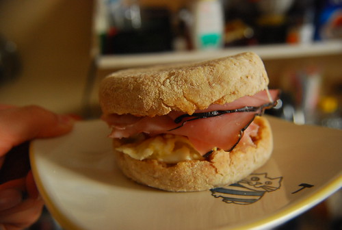 English Muffin with Black Forest Ham, scrambled egg and blush wine jelly