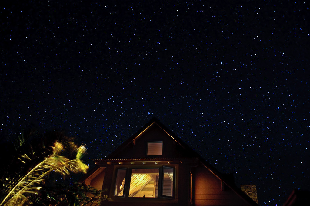 A starry night sky over a retreat center on Molokai, Hawaii
