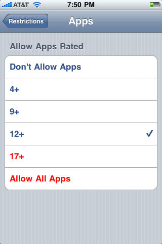 iPhone Parental Controls: Allow Apps rated 12+ and lower