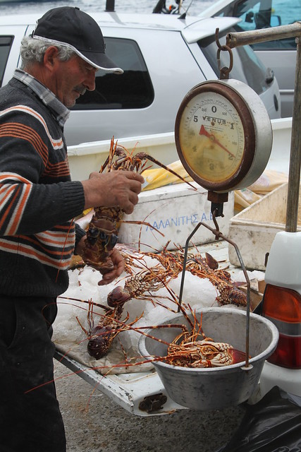Fisherman selling lobsters