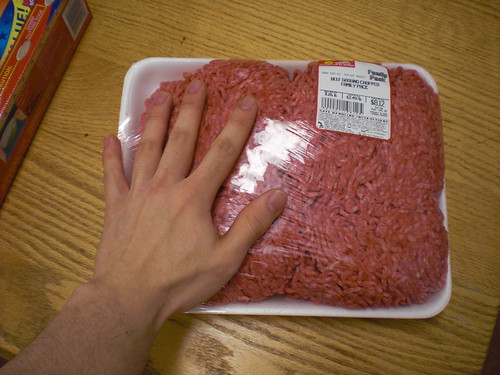 Ground beef, with size comparison