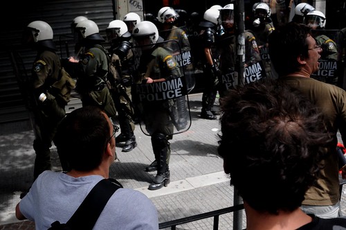 Greek riot police try to split protest march in two - Thessaloniki, Greece