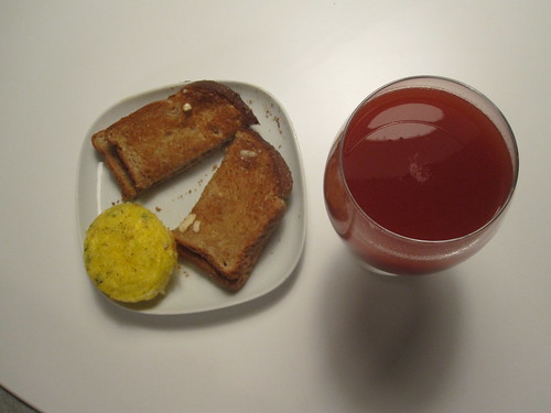 frittata, toast, tomato juice