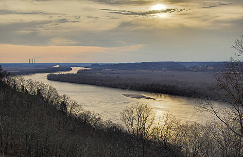 View of the Missouri River at sunset, atop the bluffs in Saint Albans, Missouri, USA