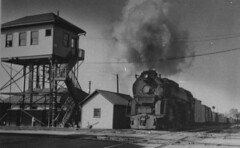 Pennsylvania Railroad steam powered freight train. Marion Ohio circa 1957.