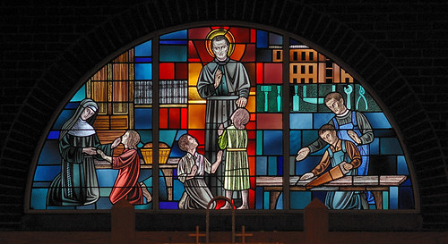 Saint John Bosco Roman Catholic Church, in Saint Louis County, Missouri, USA - stained glass window of Saint John Bosco