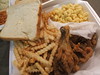 Chicken, mac and cheese, fries, bread