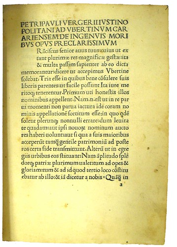 De ingenuis moribus ac liberalibus studiis; first page.