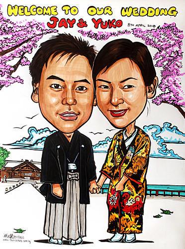 Traditional Japanese wedding  couple caricatures