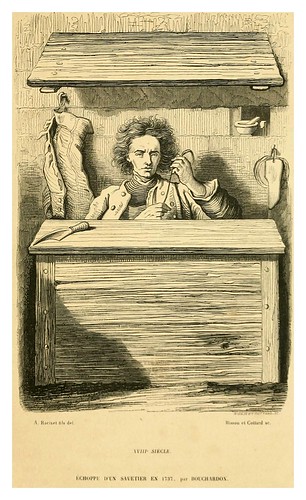 014-Puesto de un zapatero remendon en 1737-Histoire de la chaussure depuis l'antiquité-1862- Paul Lacroix y Alphonse Duchesne