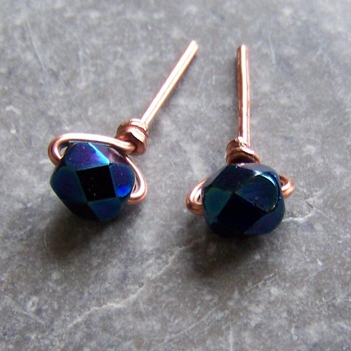 Copper and blue glass stud earrings