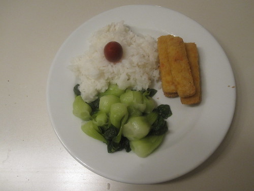 Rice, umeboshi, fish sticks, bok choy