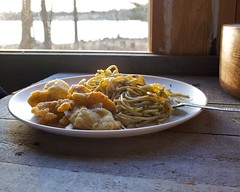 Pesto pasta and fried fish