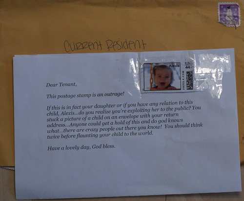 Dear Tenant, This postage stamp is an outrage! If this is in fact your daughter or if you have any relation to this child, Alexis...do you realize you're exploiting her to the public? You stuck a picture of a child on an envelope with your return address...Anyone could get a hold of this and do god knows what...there are crazy people out there you know! You should think twice before flaunting your child to the world. Have a lovely day, God bless.