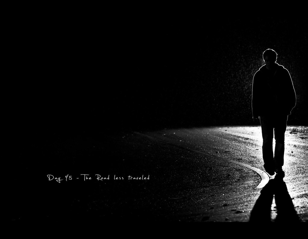 Day 95, 095/365, Project 365, Strobist, Bokeh, Self Portrait, road, the road less traveled, travel, alone, dark, silhouette, grid, black and white, B&W, ourdailychallenge, contrast, edgy, hard light, flash