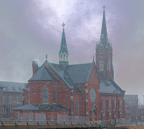 Saint Agatha Roman Catholic Church, in Saint Louis, Missouri, USA - view from back with snow