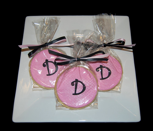D monogram pink and black sugar cookies with embossed polka dots