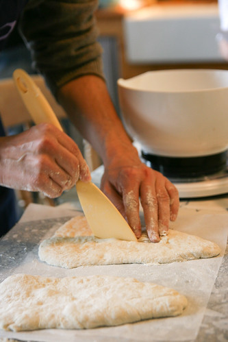 Making Fougasse: Cutting slits in the dough