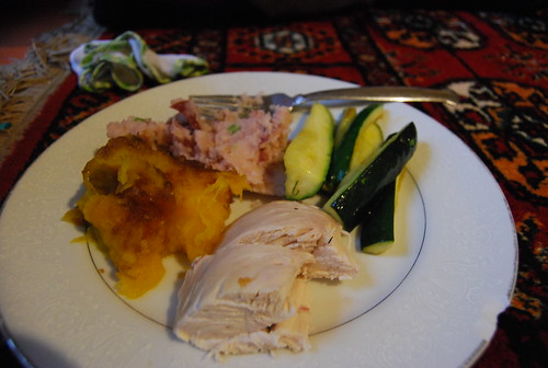 Roast chicken, pink mashed potatoes, zucchini and candied squash