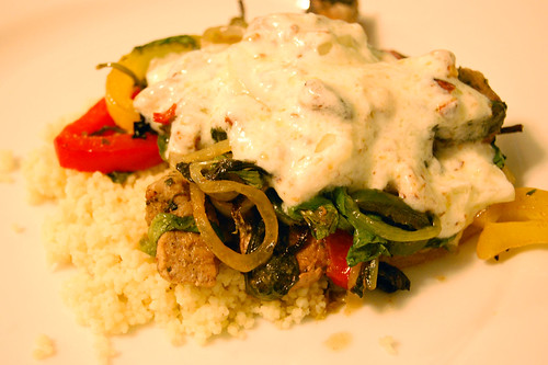 Oven Crisped Pork, Peppers, and Greens with Turkish Almond Sauce and Whole Wheat Couscous