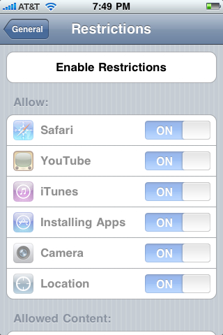 Default iPhone Parental Controls: No Retrictions