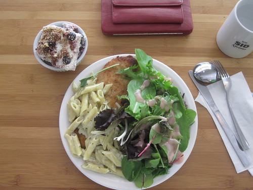 Chicken scallopine, salad, pasta, berry and cream cake from the bistro - $6