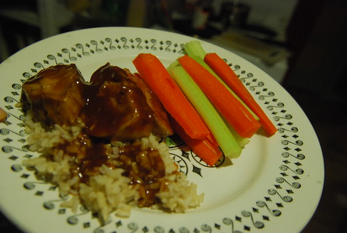 BBQ seitan on rice with veggies
