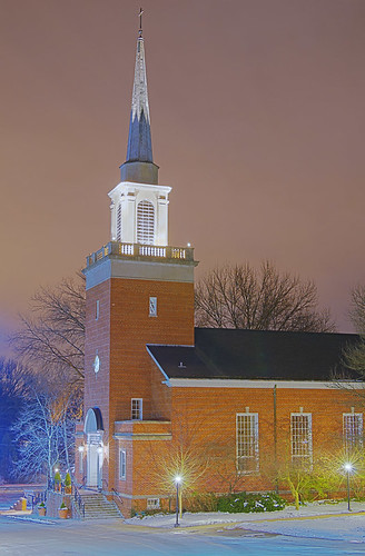 Our Lady of the Pillar Roman Catholic Church, in Saint Louis County, Missouri, USA - exterior view at night