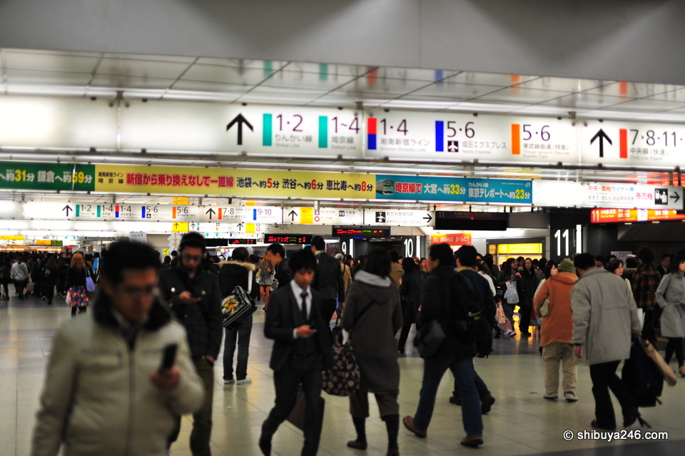 The undercover area of Shinjuku station is one long corridor of platform stairs. Lots of people, signs and movement. Watch out in rush hour.