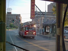 Memphis Fire Department responding to a call while riding aboard the Memphis Main Street Trolley. Memphis Tennesee USA. September 2007.