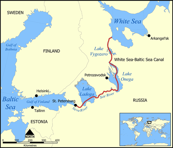 Mapa del canal Mar Blanco - Báltico