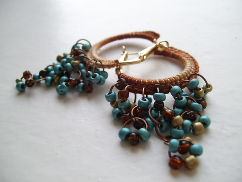 Brown and turquoise crocheted hoops