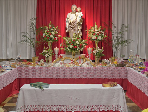 Altar of Saint Joseph at the school cafeteria of Saint Ambrose Roman Catholic Church, in Saint Louis, Missouri, USA 