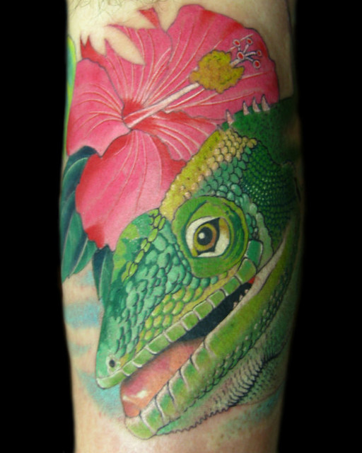 Jamaican Anole Lizard and Hibiscus Tattoo