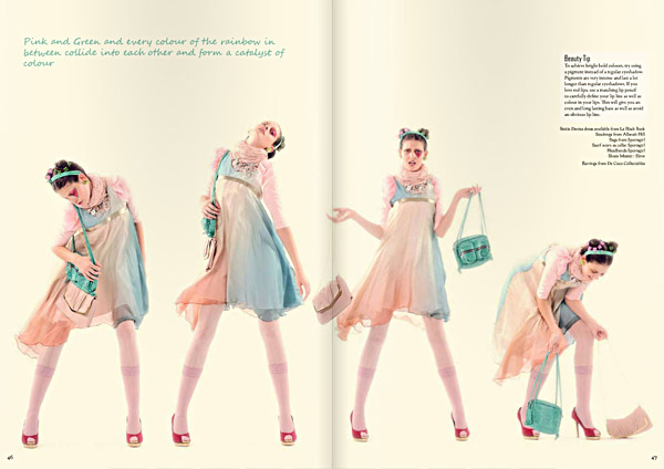 Studio photography, dress in series and handbag. The Pastel Rainbow. Le Magazine Issue 3, All The Colours Of The Rainbow