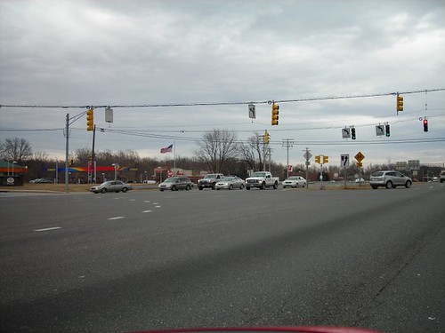 huge intersection with no pedestrian provisions in Bowie, MD (by: Cheryl Cort)