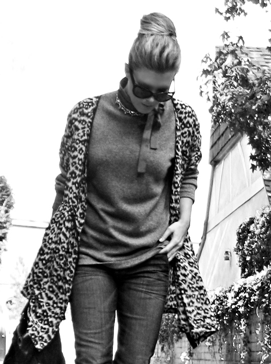 jeans and sweater with leopard dress jacket over+black and white