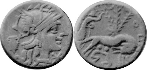 235-1 plated denarius of Sextus Pompeius Fostulus with irregular types - odd obverse jar shape, star instead of X