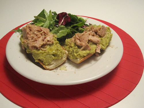 Baguette with broad bean spread and tuna, salad