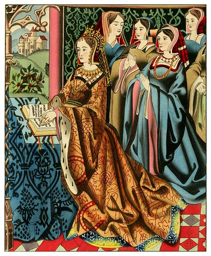 020-La reina Margaret de Enrique VI y su corte mitad siglo XV-Dresses and decorations of the Middle Ages 1843- Henry Shaw