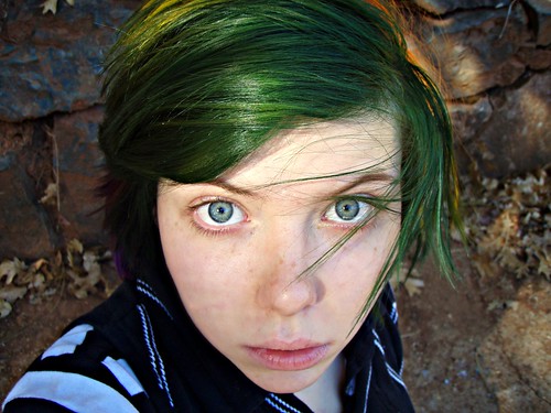 hair color with green eyes. Bright green eyes.