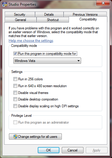 Windows 7 compatibility settings