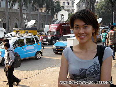 Rachel with dozens of TV satellite vans deployed for the 26/11 report