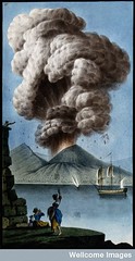 Mount Vesuvius emitting a column of smoke after its eruption on 8 August 1779. Coloured etching by Pietro Fabris, 1779.