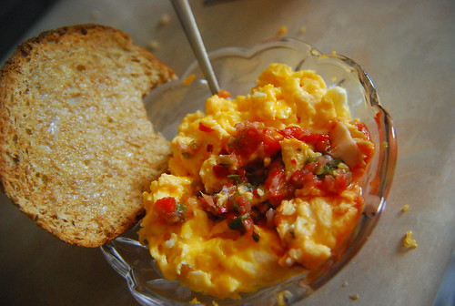 Eggs, salsa and toast