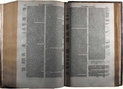 Double page opening showing the beginning of the story of Macbeth in the copy of 'Holinshed's Chronicles' held by University of Glasgow Library Special Collections. 